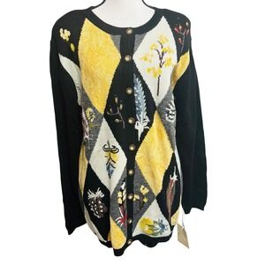 Susan Bristol Argyle Cardigan Sweater Sz Large Black Multicolor